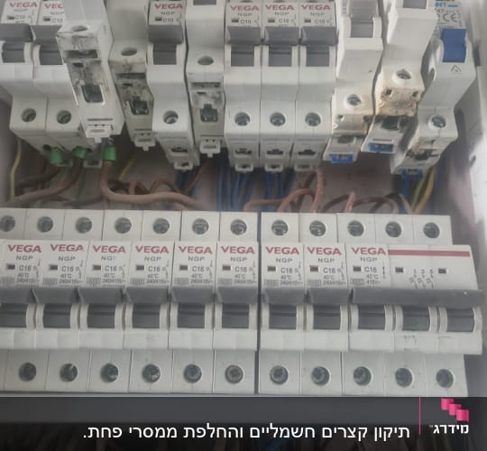 לוח חשמל עם מפסקים וחוטים כחולים